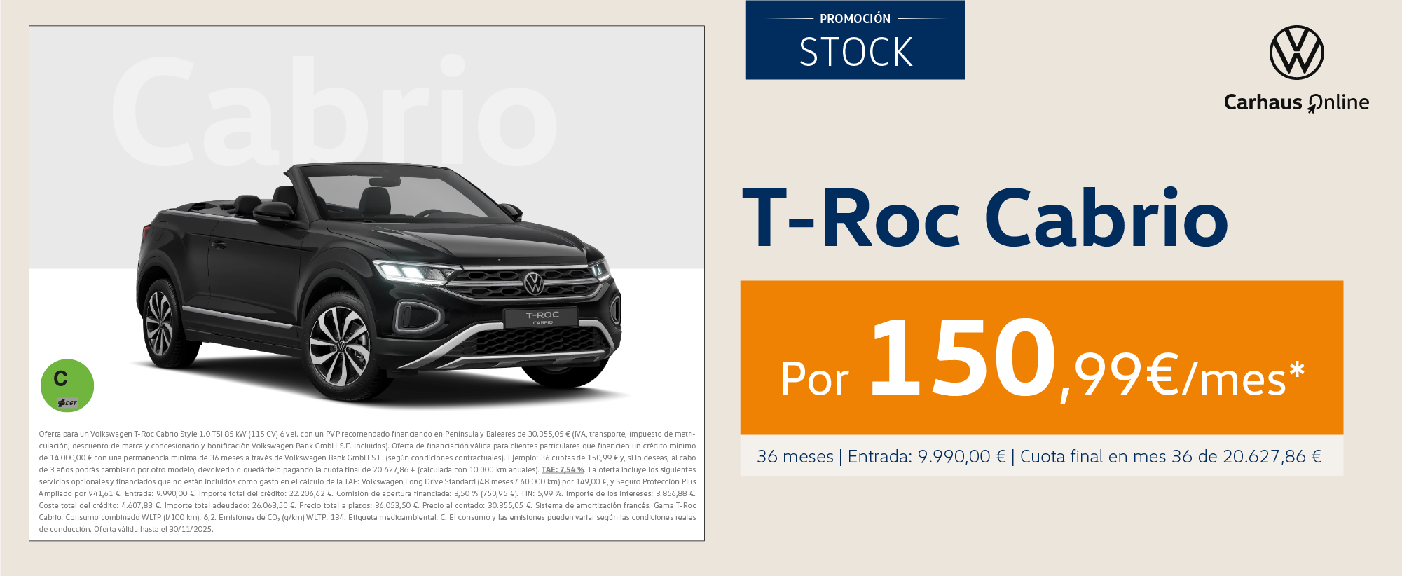 ¡Promoción Stock! T-Roc Cabrio por 150€/mes*